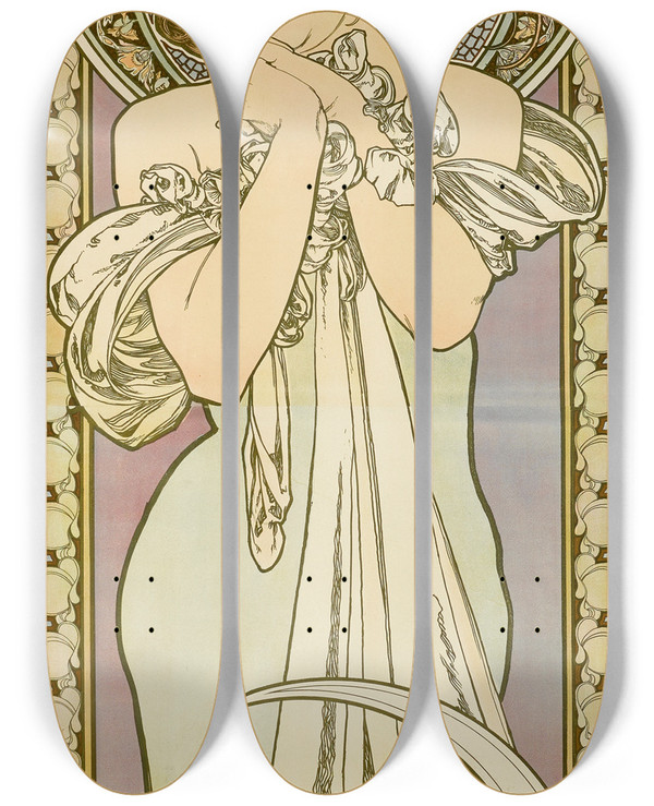 Triptych art skateboard deck of Alphonse Mucha Lygie by Alphonse Mucha (1860-1939)