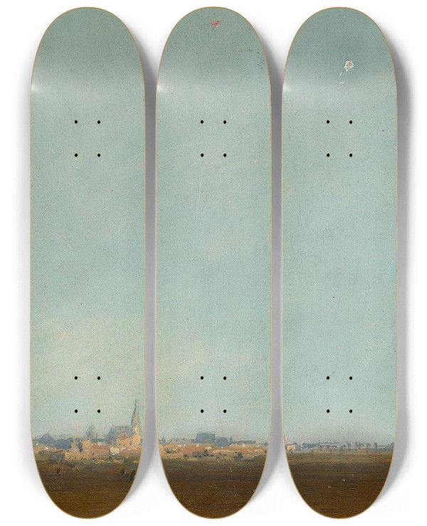 Triptych art skateboard deck of Carl Spitzweg Flying Kites by Carl Spitzweg (1808-1880)