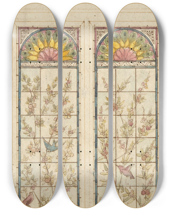 Triptych art skateboard deck of Alexander Gibbs Design For A Stained Glass Window by Alexander Gibbs (1866-1882)