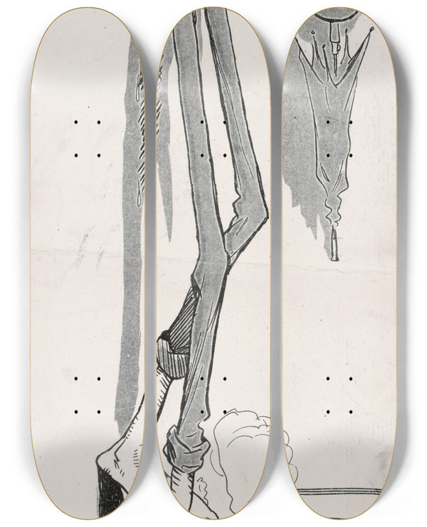 Triptych art skateboard deck of William Steinigans Morning After Such A Headache by William Steinigans (1878-1918)