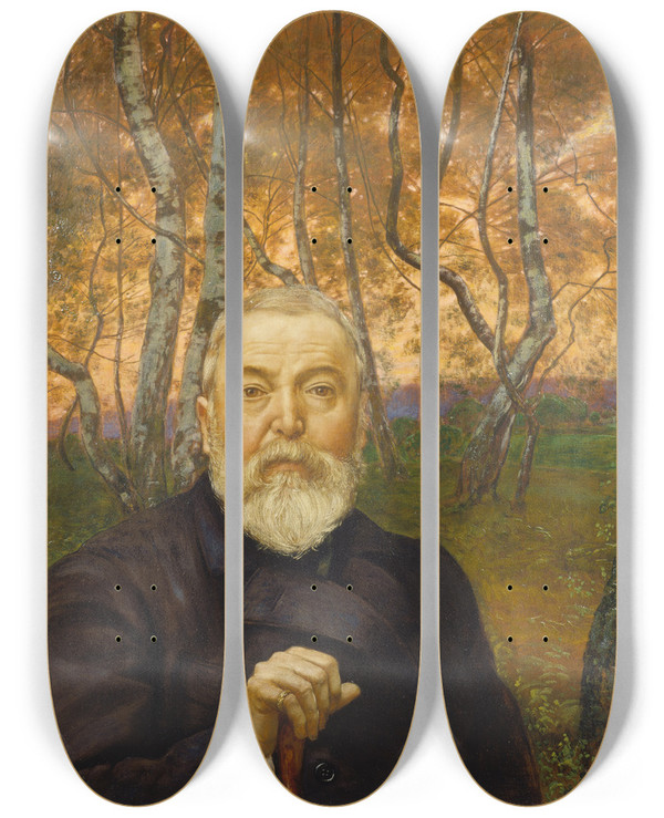 Triptych art skateboard deck of Hans Thoma Selfportrait In Front Of A Birch Forest by Hans Thoma (1839-1924)