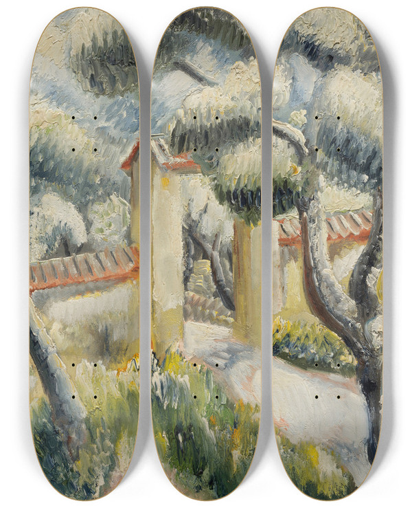 Triptych art skateboard deck of Paul Kleinschmidt Landschaft In Sdfrankreich Parkausgang by Paul Kleinschmidt (1883-1949)