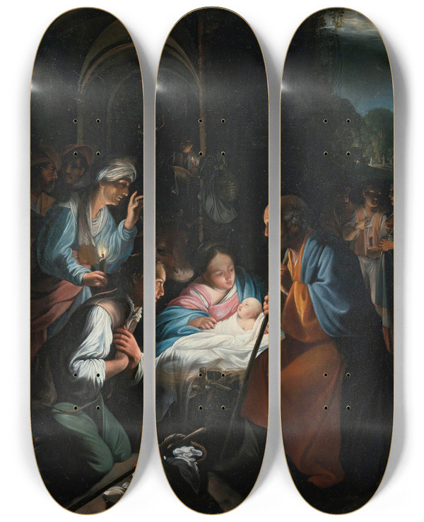 Triptych art skateboard deck of Carlo Saraceni The Adoration Of The Shepherds by Carlo Saraceni (1579-1620)