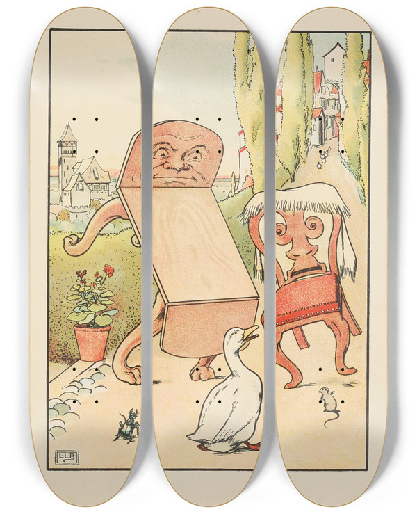 Triptych art skateboard deck of Leonard Leslie Brooke The Pelican Chorus Other Nonsense Verses Pl4 by Leonard Leslie Brooke (1862-1940)