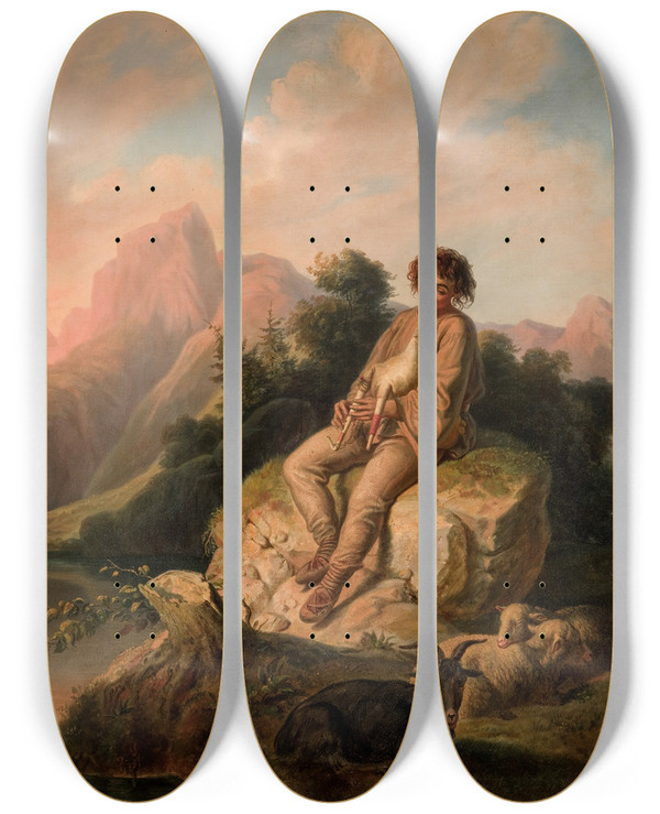 Triptych art skateboard deck of Korneli Szlegel Moldavian Bagpipeplayer by Korneli Szlegel (1817-1870)