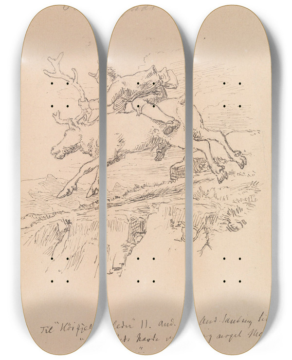Triptych art skateboard deck of Hans Gude Illustrasjon Til Hyfjellsbilleder I P Chr Asbjrnsen Og J Moe Samlede Eventyr Oslo 1982 by Hans Gude (1825-1903)
