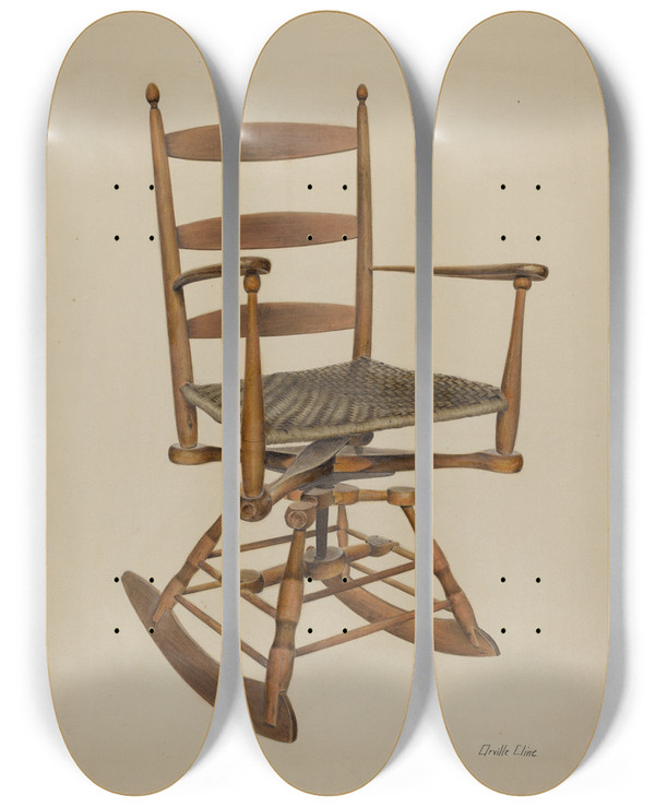Triptych art skateboard deck of Orville Cline Shaker Rocking Chair by Orville Cline