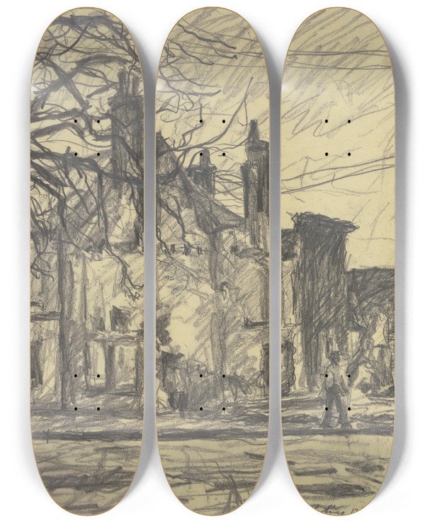 Triptych art skateboard deck of Jakob Nussbaum Zerschossene Strae In Corbeny by Jakob Nussbaum (1873-1936)