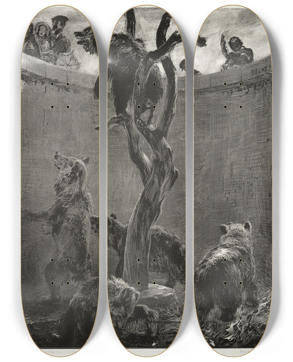 Triptych art skateboard deck of Adolph Von Menzel Essay On Stone With Brush And Scraper The Bear Pit by Adolph Von Menzel (1815-1905)