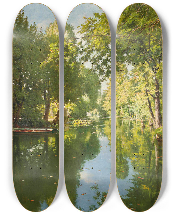 Triptych art skateboard deck of Henri Biva Punts Moored On Still Waters by Henri Biva (1848-1929)