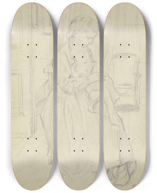 Triptych art skateboard deck of Otto Scholderer Luise Scholderer Stickend by Otto Scholderer (1834-1902)