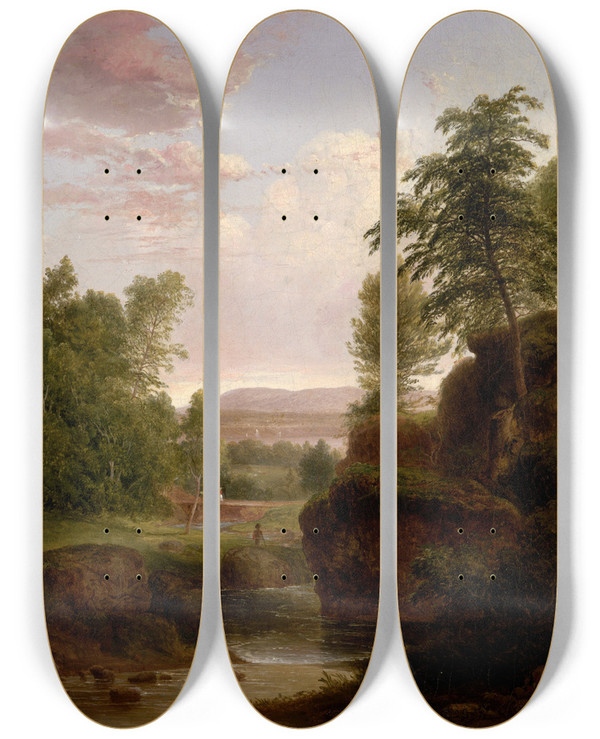 Triptych art skateboard deck of Thomas Doughty View Toward The Hudson River by Thomas Doughty (1793-1856)