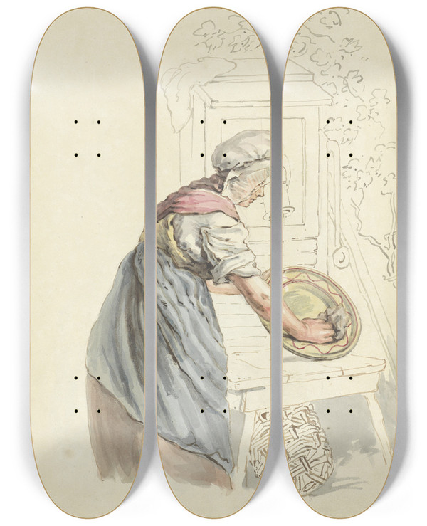 Triptych art skateboard deck of Pieter Van Loon Dienstmeid Die Bij Een Waterpomp Een Schaal Afwast by Pieter Van Loon (1801-1873)