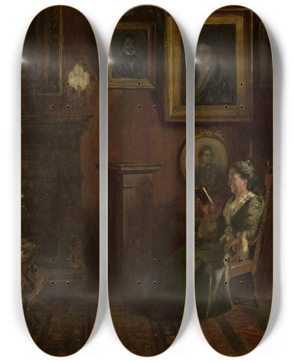 Triptych art skateboard deck of Felix Possart Portrait Of A Woman In An Armchair by Felix Possart (1837-1928)