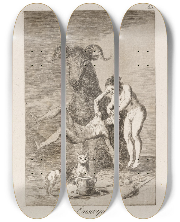 Triptych art skateboard deck of Francisco De Goya Ensayos Trials by Francisco de Goya (1746-1828)