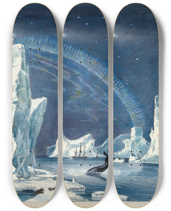 Triptych art skateboard deck of Charles Hamilton Smith Icebergs And Aurora Borealis In The Arctic Regions by Charles Hamilton Smith (1776-1859)