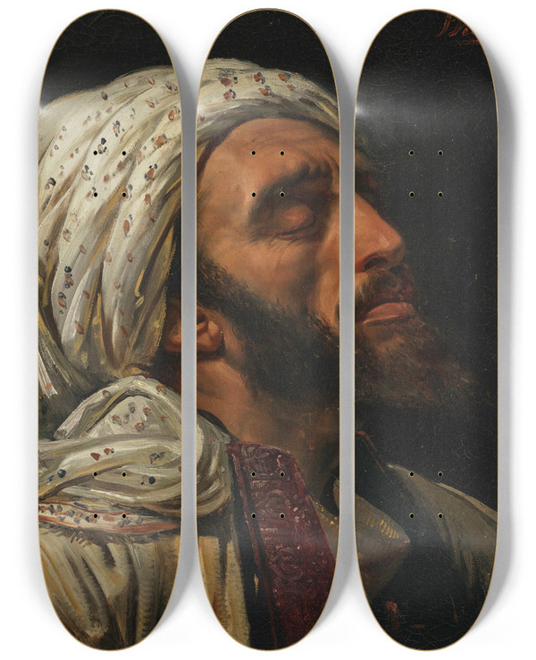 Triptych art skateboard deck of Horace Vernet Portrait Of An Arab Man by Horace Vernet (1789-1863)