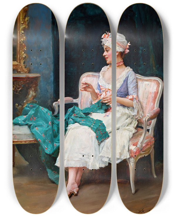 Triptych art skateboard deck of Raimundo De Madrazo Y Garreta Aline by Raimundo De Madrazo Y Garreta (1841-1920)
