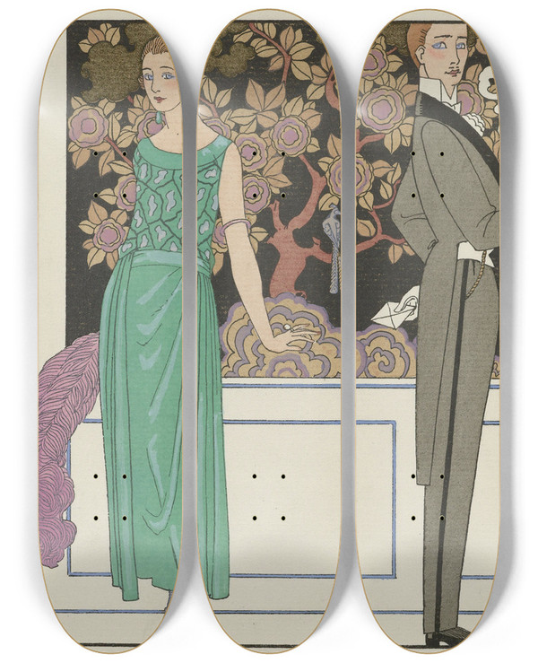 Triptych art skateboard deck of George Barbier La Premiere Imprudence Robe Du Soir De Beer by George Barbier (1882-1932)