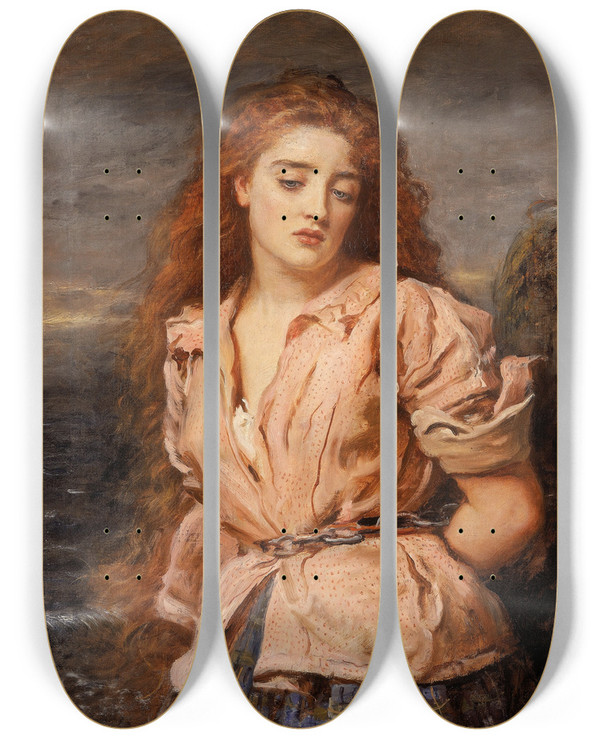 Triptych art skateboard deck of Sir John Everett Millais The Martyr Of The Solway by Sir John Everett Millais (1829-1896)