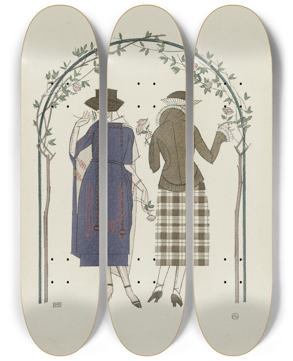 Triptych art skateboard deck of Bernard Boutet De Monvel Les Premires Roses Tailleur Et Robe Daprsmidi De Worth by Bernard Boutet De Monvel (1881-1949)