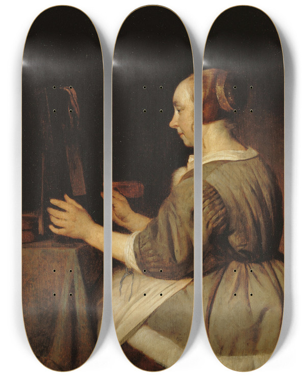 Triptych art skateboard deck of Gabriel Metsu Femme Au Miroir by Gabriel Metsu (1629-1667)