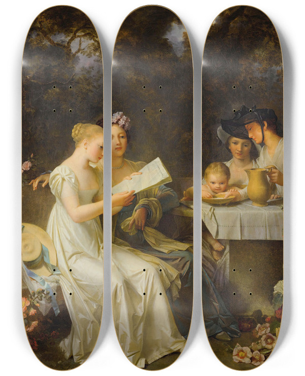 Triptych art skateboard deck of Marguerite Grard The Reading Of The Gazette by Marguerite Gerard (1761-1837)