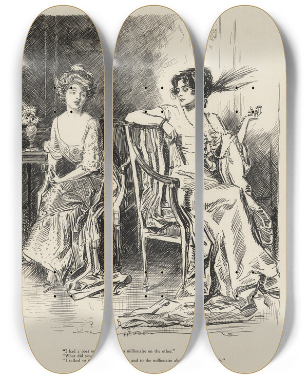 Triptych art skateboard deck of Charles Dana Gibson I Had A Poet On One Side And Millionaire On The Other by Charles Dana Gibson (1867-1944)