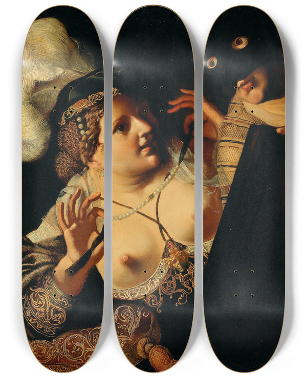 Triptych art skateboard deck of Pseudo Caroselli An Allegory Of The Sense Of Sight by Pseudo Caroselli (17-)