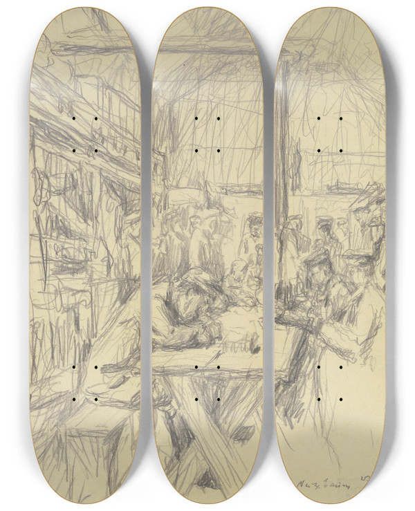 Triptych art skateboard deck of Jakob Nussbaum Military Army Camp Outside Reims by Jakob Nussbaum (1873-1936)
