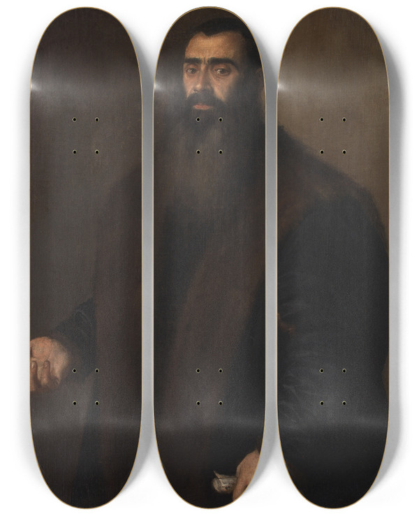 Triptych art skateboard deck of Titian Portrait Of The Nuremburg Merchant And Collector Willibald Imhoff The Elder 15191580 by Titian (1488-1576)