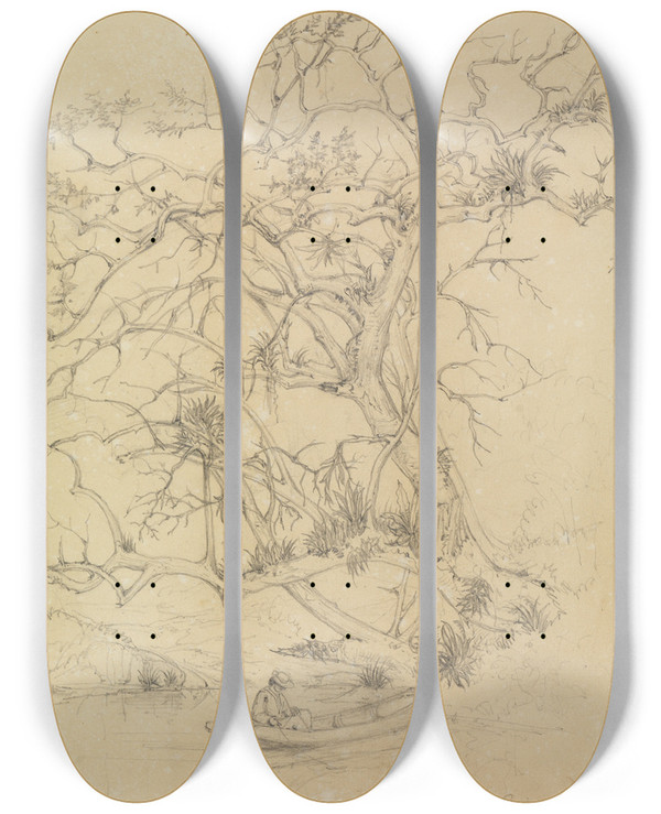 Triptych art skateboard deck of Ferdinand Keller Am Ufer by Ferdinand Keller (1842-1922)