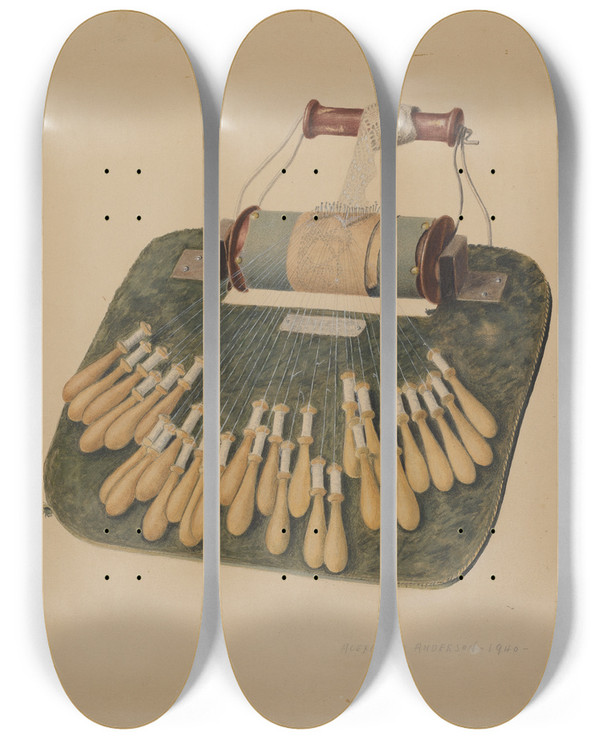 Triptych art skateboard deck of Alexander Anderson Hand Lace Loom by Alexander Anderson