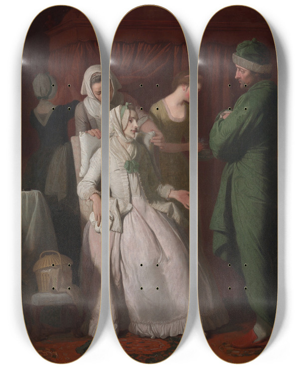 Triptych art skateboard deck of Edward Penny The Virtuous Comforted By Sympathy by Edward Penny (1714-1791)