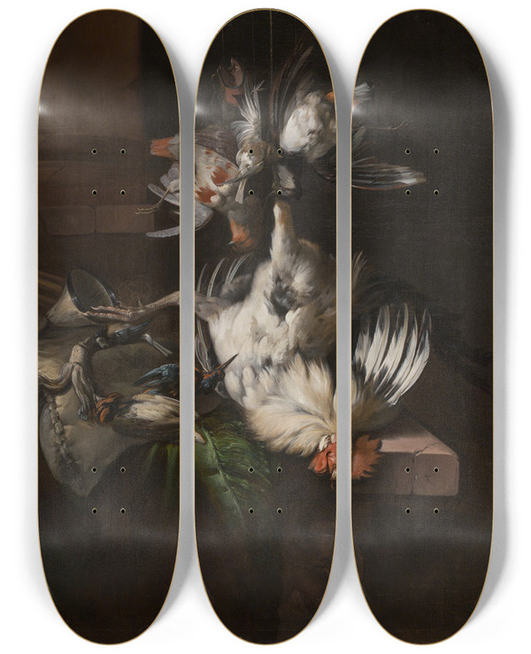 Triptych art skateboard deck of William Gouw Ferguson Still Life With A White Rooster by William Gouw Ferguson