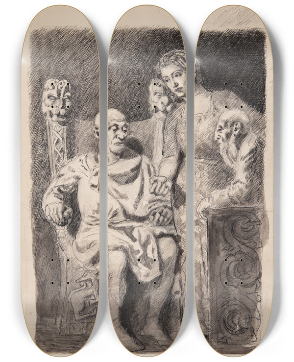 Triptych art skateboard deck of Oluf Hartmann Motiv Fra Nordisk Historie Eller Mytologi by Oluf Hartmann (1879-1910)
