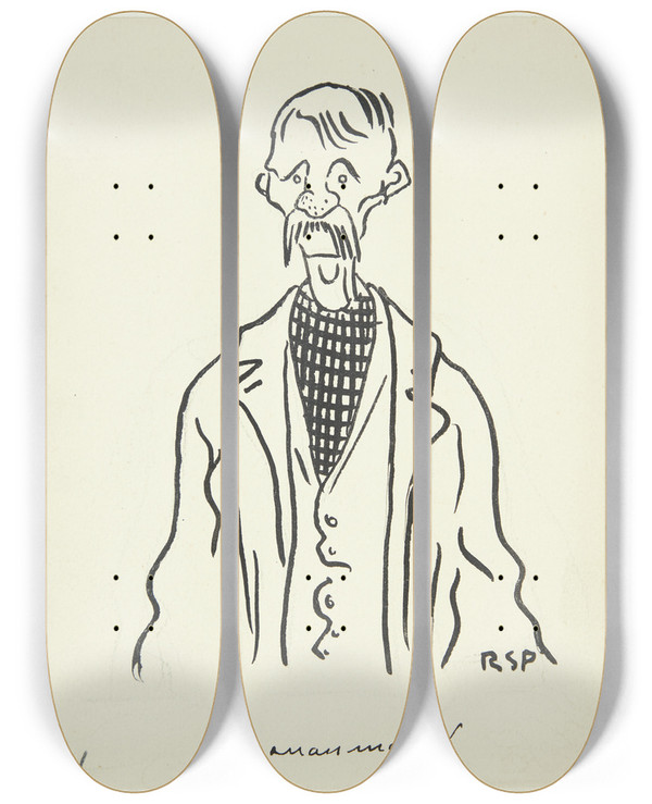 Triptych art skateboard deck of Robert Storm Petersen Bananmand by Robert Storm Petersen (1882-1949)