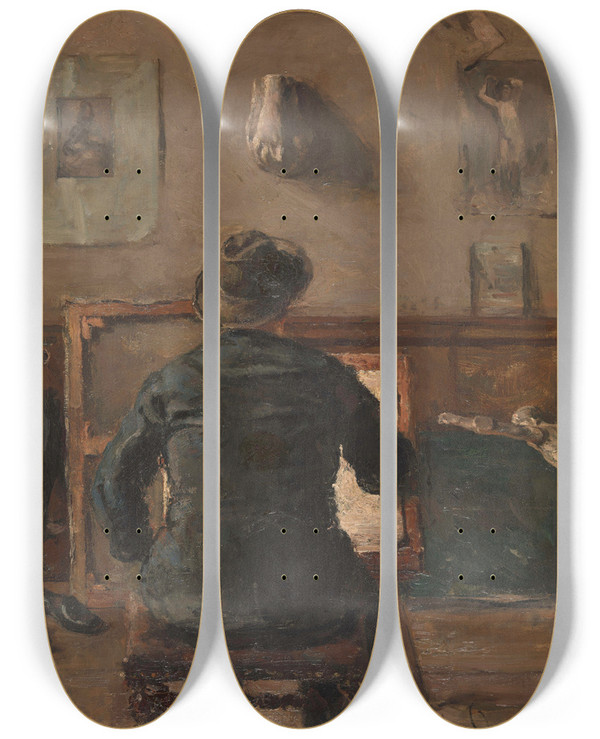 Triptych art skateboard deck of David Oyens De Kunstenaar In Zijn Atelier by David Oyens (1842-1902)