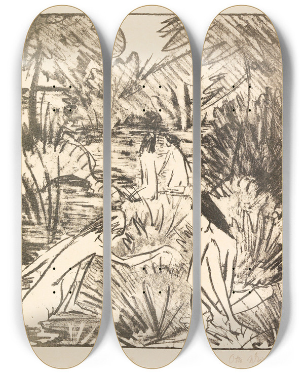 Triptych art skateboard deck of Otto Mueller Waldsee Mit Drei Badenden Und Einem Sitzenden Mdchen 2_1 by Otto Mueller (1874-1930)