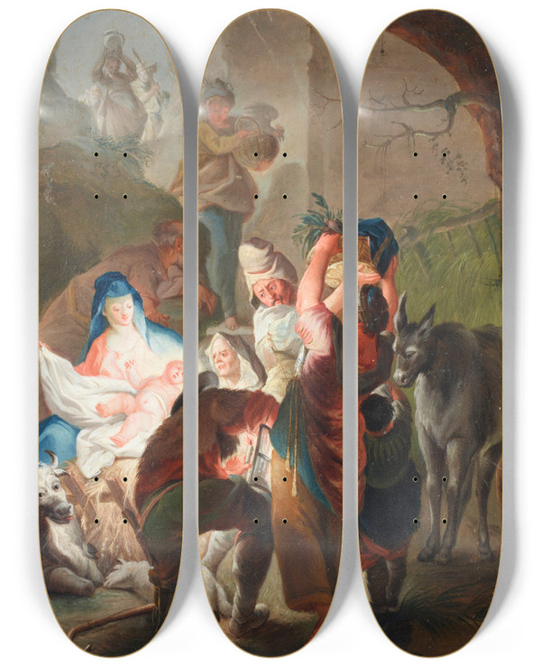 Triptych art skateboard deck of After Johanna Evangelista Holzera Adoration Of The Shepherds by After Johanna Evangelista Holzera (1709-1740)