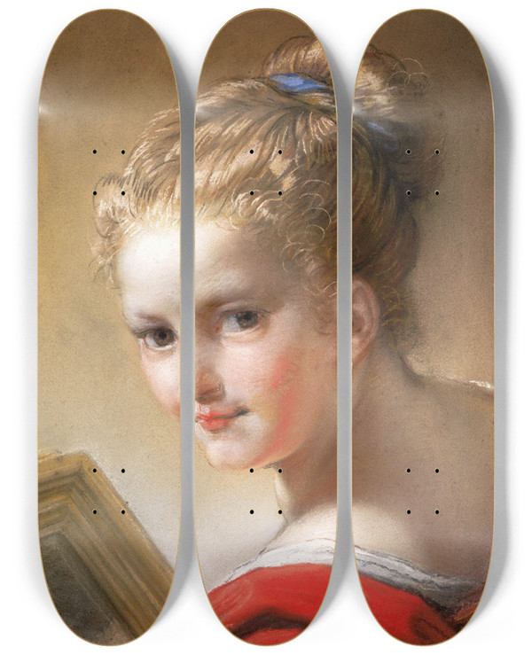 Triptych art skateboard deck of Benedetto Luti Study Of A Girl In Red by Benedetto Luti (1666-1724)