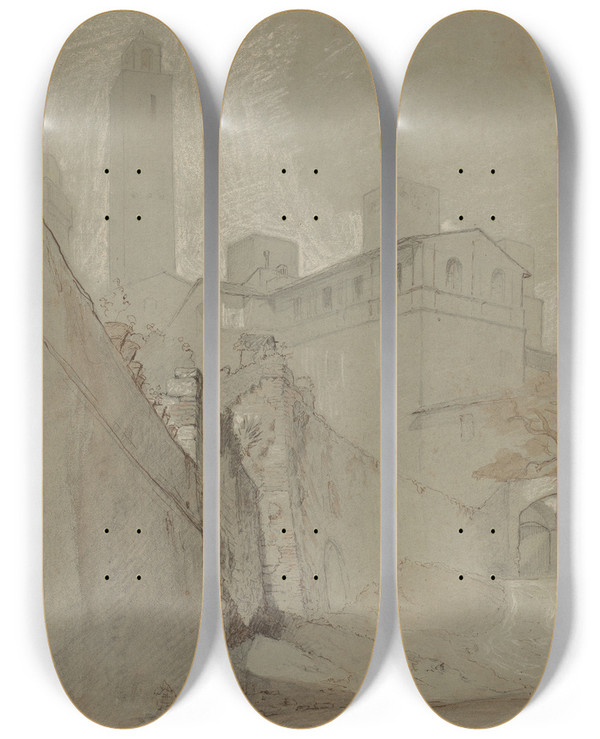 Triptych art skateboard deck of Elihu Vedder Orvieto by Elihu Vedder (1836-1923)