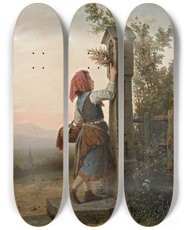Triptych art skateboard deck of Johann Georg Meyer Von Bremen Auf Dem Heimwege On The Way Home by Johann Georg Meyer Von Bremen (1813-1886)