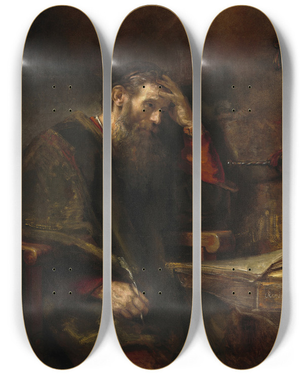 Triptych art skateboard deck of Rembrandt Van Rijn The Apostle Paul by Rembrandt Van Rijn (1606-1669)