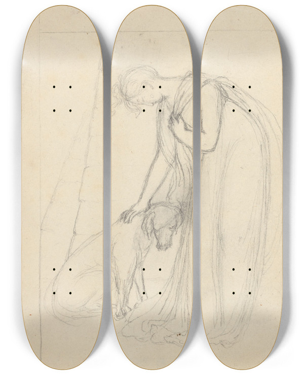 Triptych art skateboard deck of John Flaxman Woman Patting A Dog by John Flaxman (1755-1826)