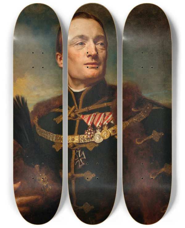 Triptych art skateboard deck of Gyula Benczr Portrait Of An Officer by Gyula Benczur (1844-1920)