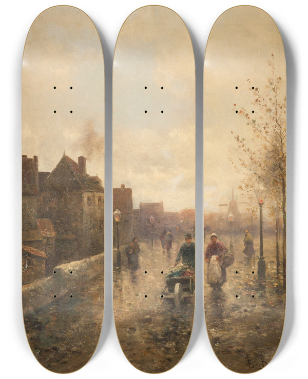 Triptych art skateboard deck of Emil Barbarini On The Boulevard by Emil Barbarini (1855-1933)
