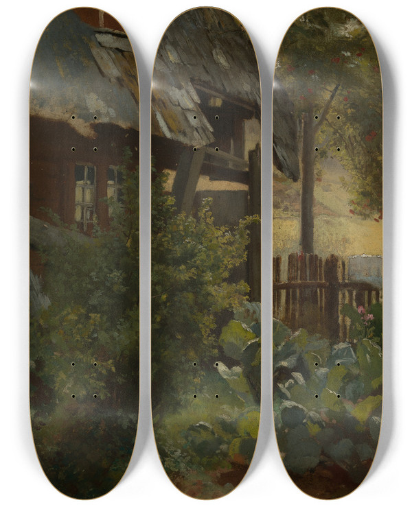 Triptych art skateboard deck of Hans Thoma Kohlgarten Mit Hausecke by Hans Thoma (1839-1924)