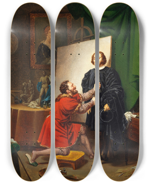 Triptych art skateboard deck of Pierrenolasque Bergeret Pietro Aretino In The Studio Of Tintoretto by Pierre-Nolasque Bergeret (1782-1863)