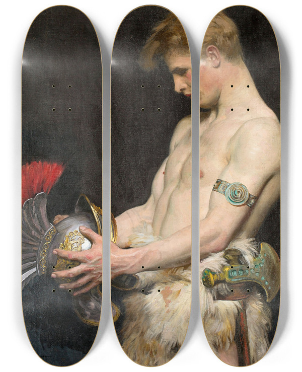 Triptych art skateboard deck of Osmar Schindler Germanic Warrior With Helmet by Osmar Schindler (1867-1927)